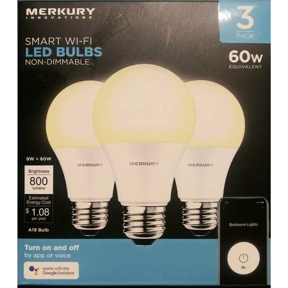 Merkury Innovations Smart Bulbs WI-FI LED Non-Dimmable 3 Pack 60w 800 Lumens A19